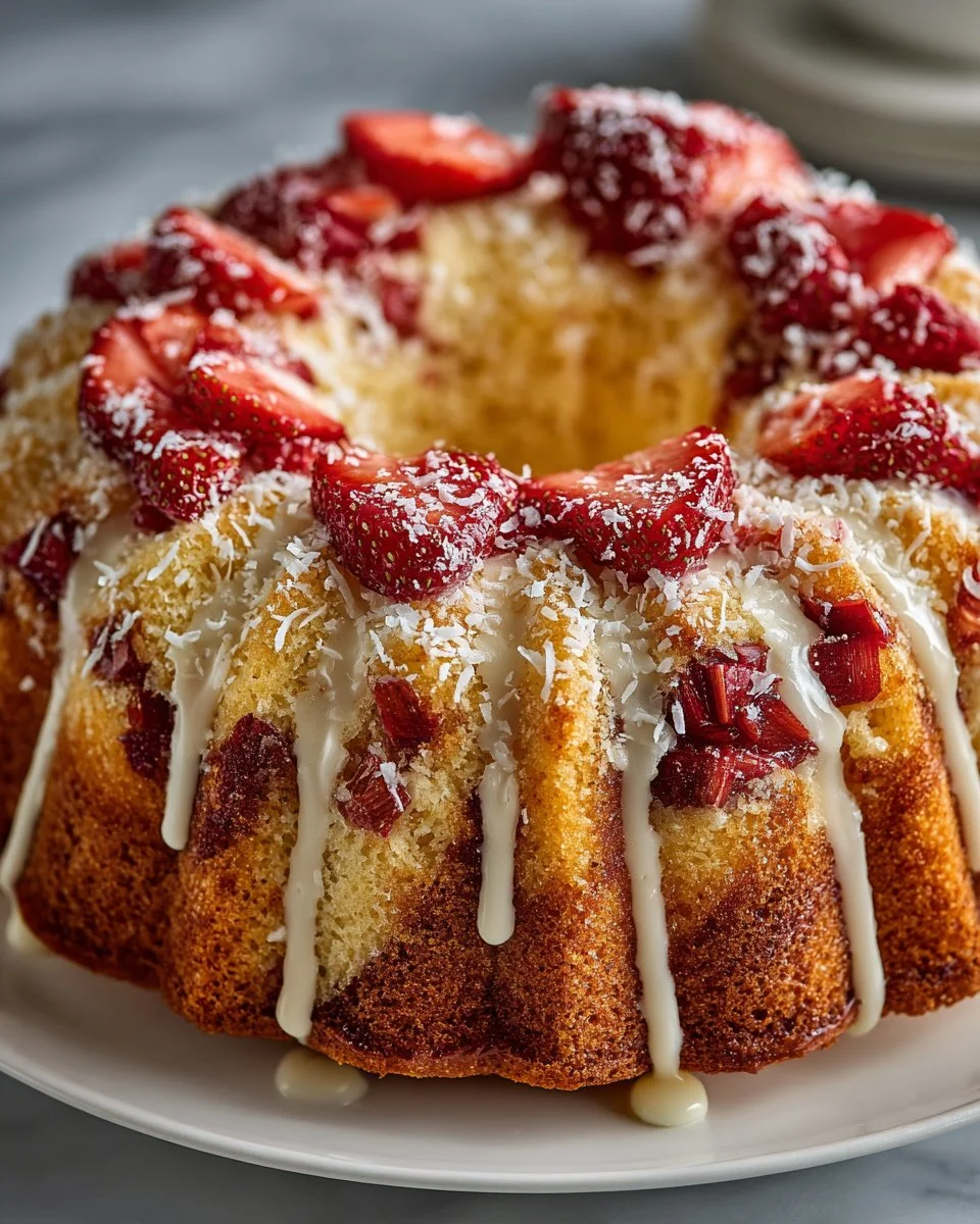 Moist Coconut Strawberry Rhubarb Cake topped with fresh strawberries and rhubarb