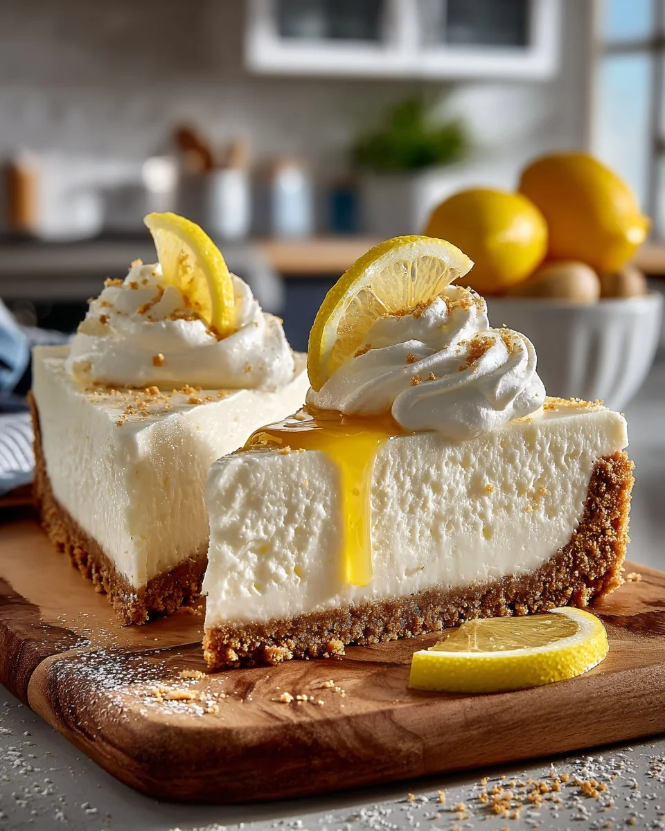 No bake lemon cheesecake topped with fresh lemon slices and whipped cream.