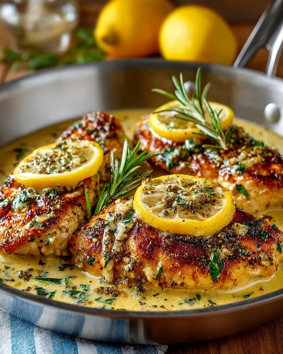 One Pan Lemon Chicken dish garnished with fresh herbs and lemon slices