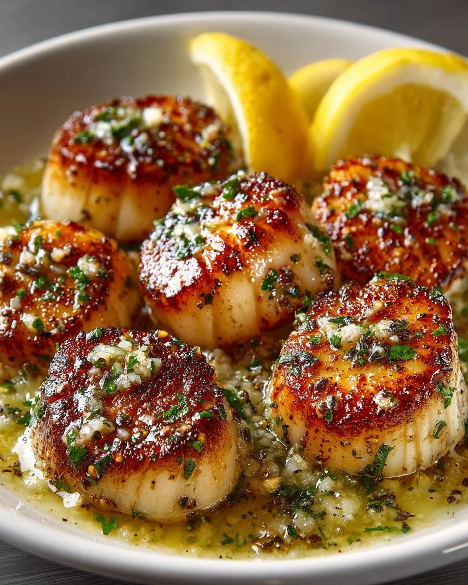 Pan seared scallops served with lemon butter sauce on a plate