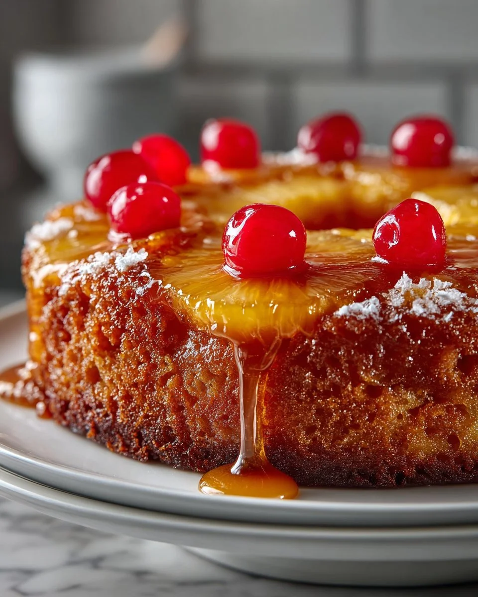 Delicious Pineapple Upside Down Cake with caramelized pineapple slices