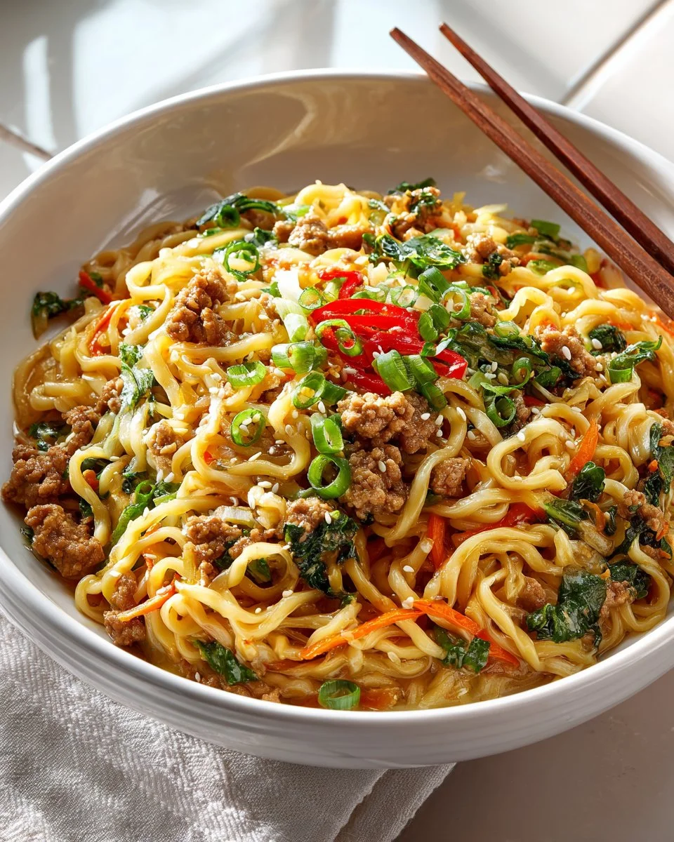 Delicious potsticker noodle bowl with fresh vegetables and savory toppings.