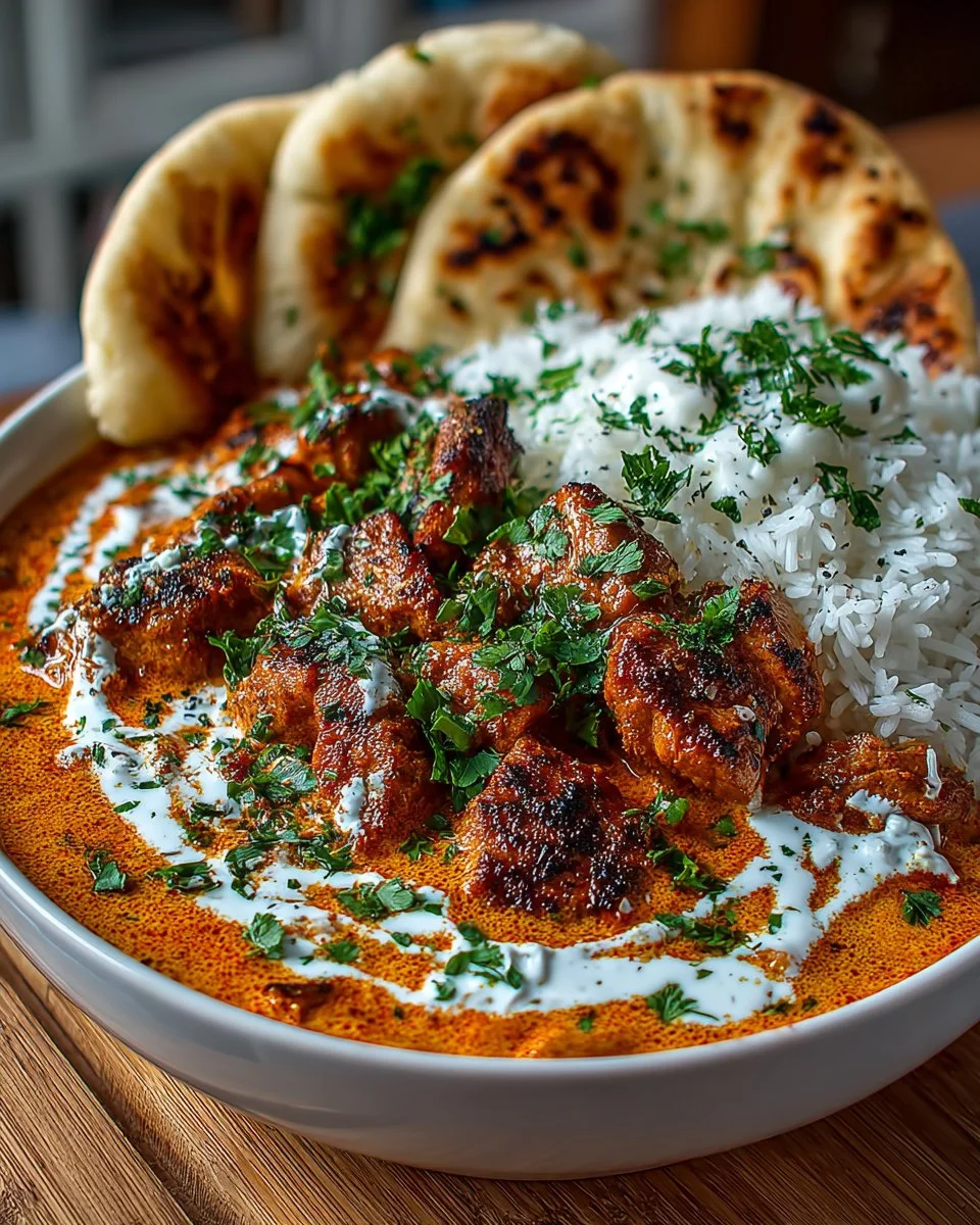 Delicious homemade butter chicken served with rice and garnish