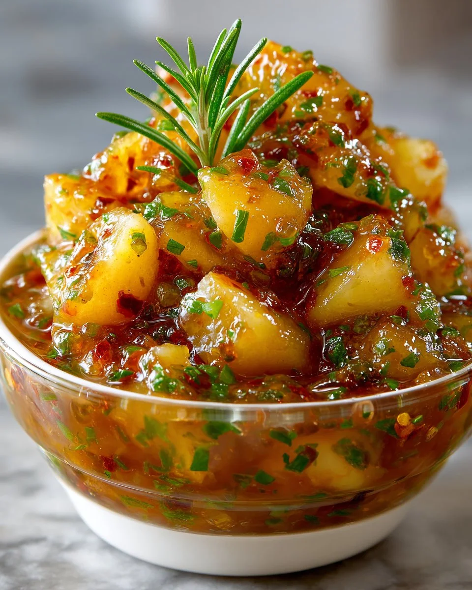 Jar of rich rosemary pear jam with fresh rosemary and pears displayed