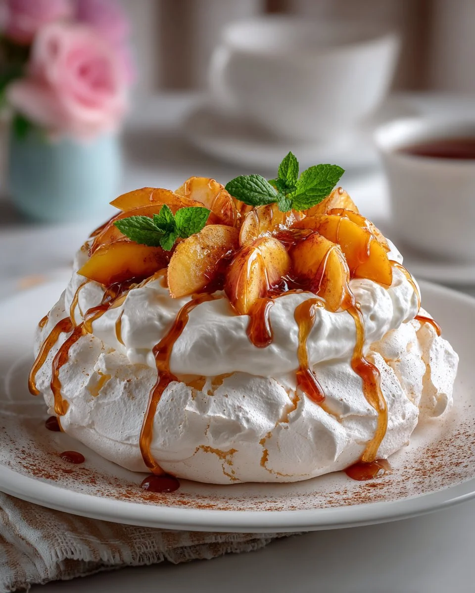Roasted Peach & Honey Pavlova dessert topped with fresh peaches and honey glaze