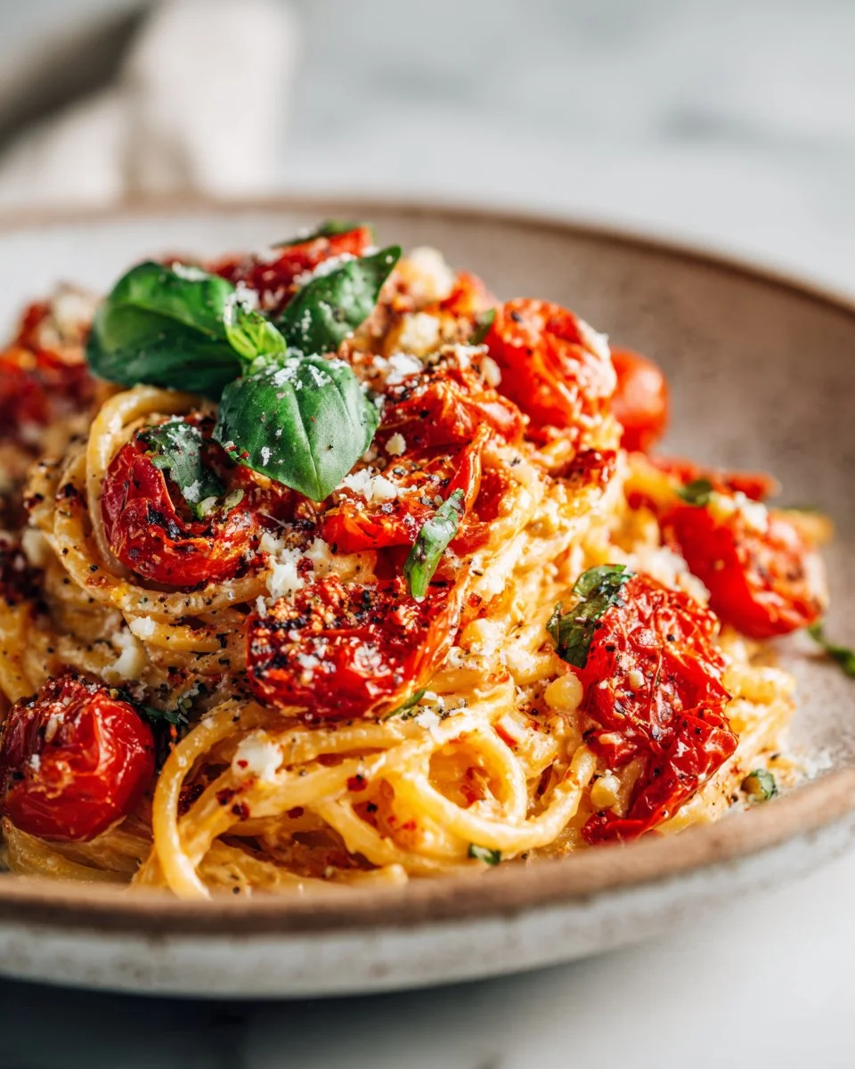 Plate of roasted tomato and garlic ricotta pasta with fresh basil