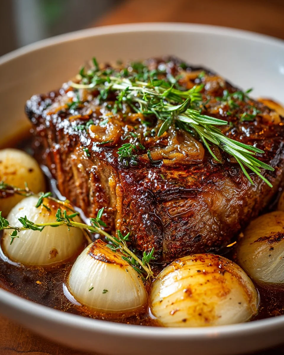 Delicious French onion pot roast cooking in a crock pot.