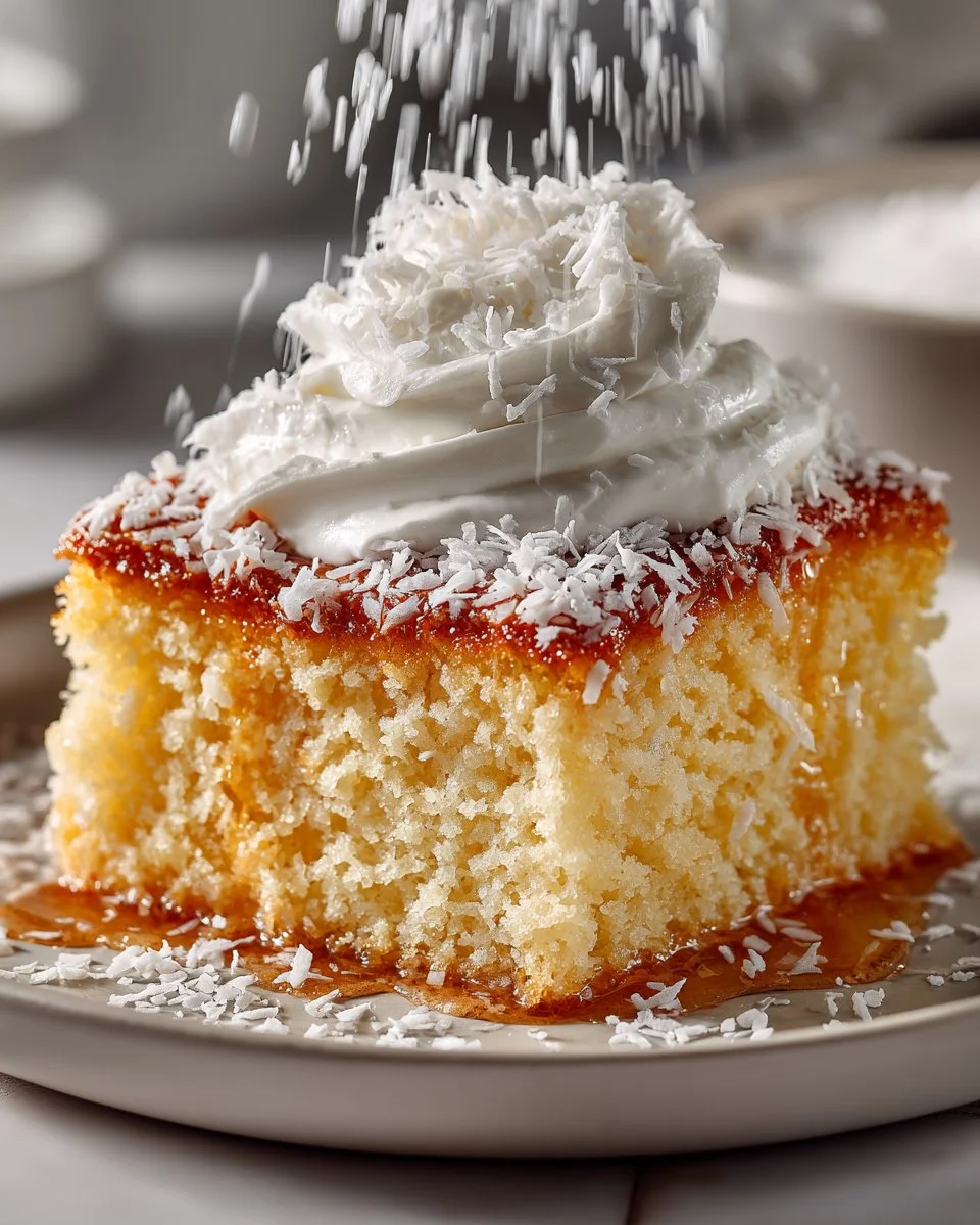 Shortcut Coconut Tres Leches Cake topped with coconut flakes and whipped cream