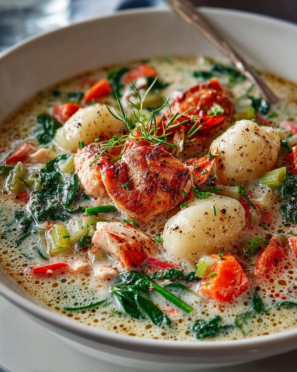 Bowl of slow cooker chicken gnocchi soup garnished with herbs