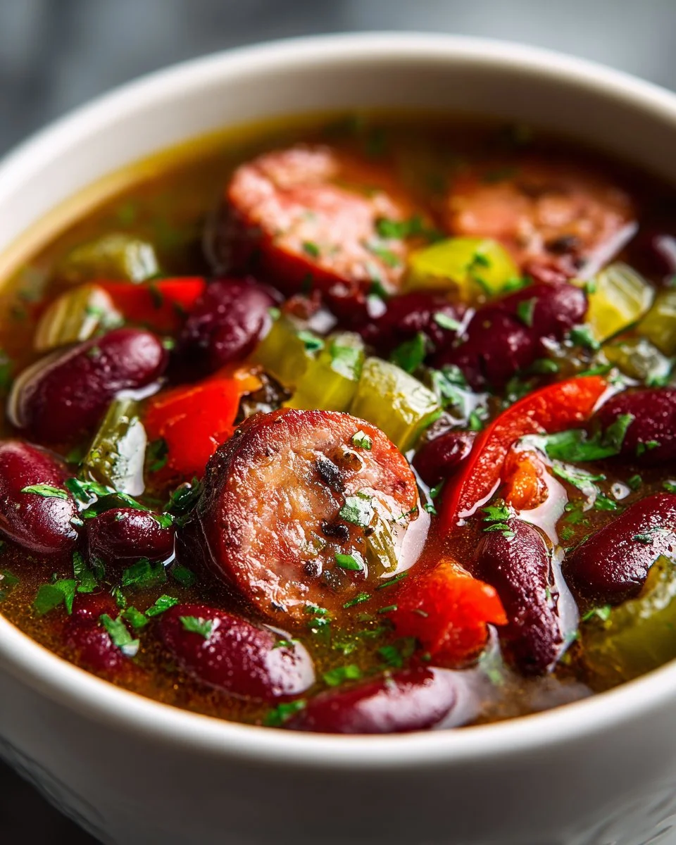 Delicious slow cooker red beans and sausage stew in a bowl with fresh herbs.