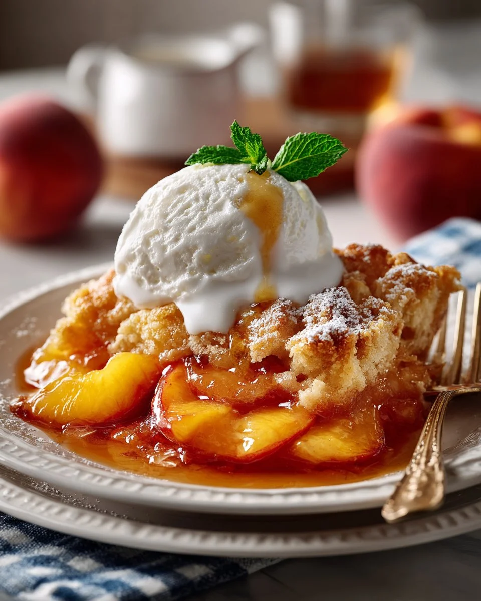 Delicious Southern Peach Cobbler pastry topped with golden crust and fresh peaches