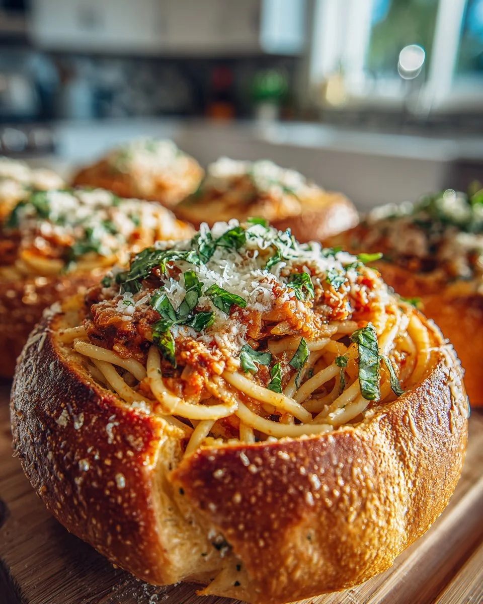 Spaghetti garlic bread bowls filled with delicious pasta and herbs