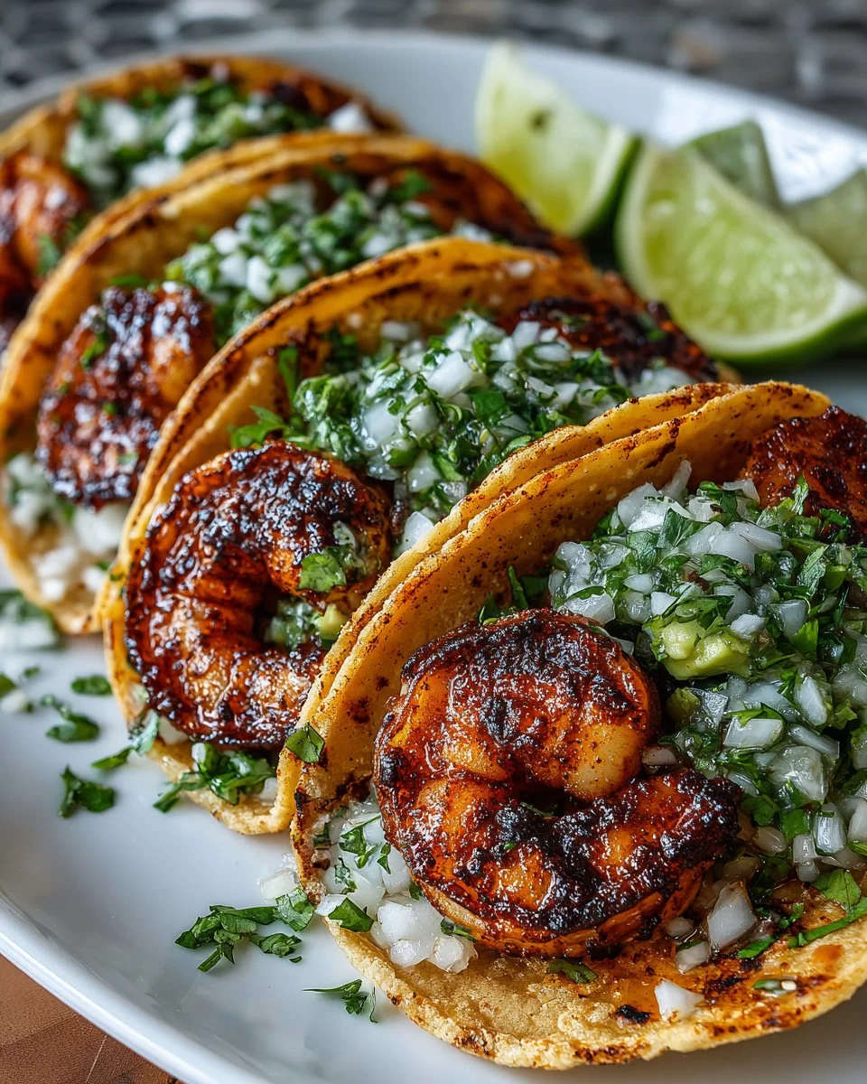 Delicious spicy shrimp tacos served with avocado lime salsa.