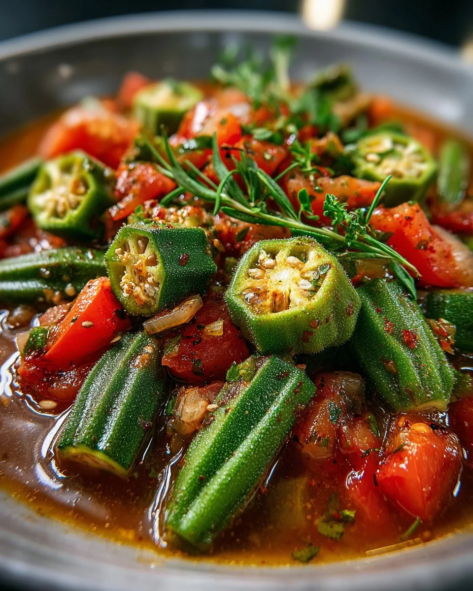 Bowl of spicy Southern style vegan okra and tomato stew with fresh herbs