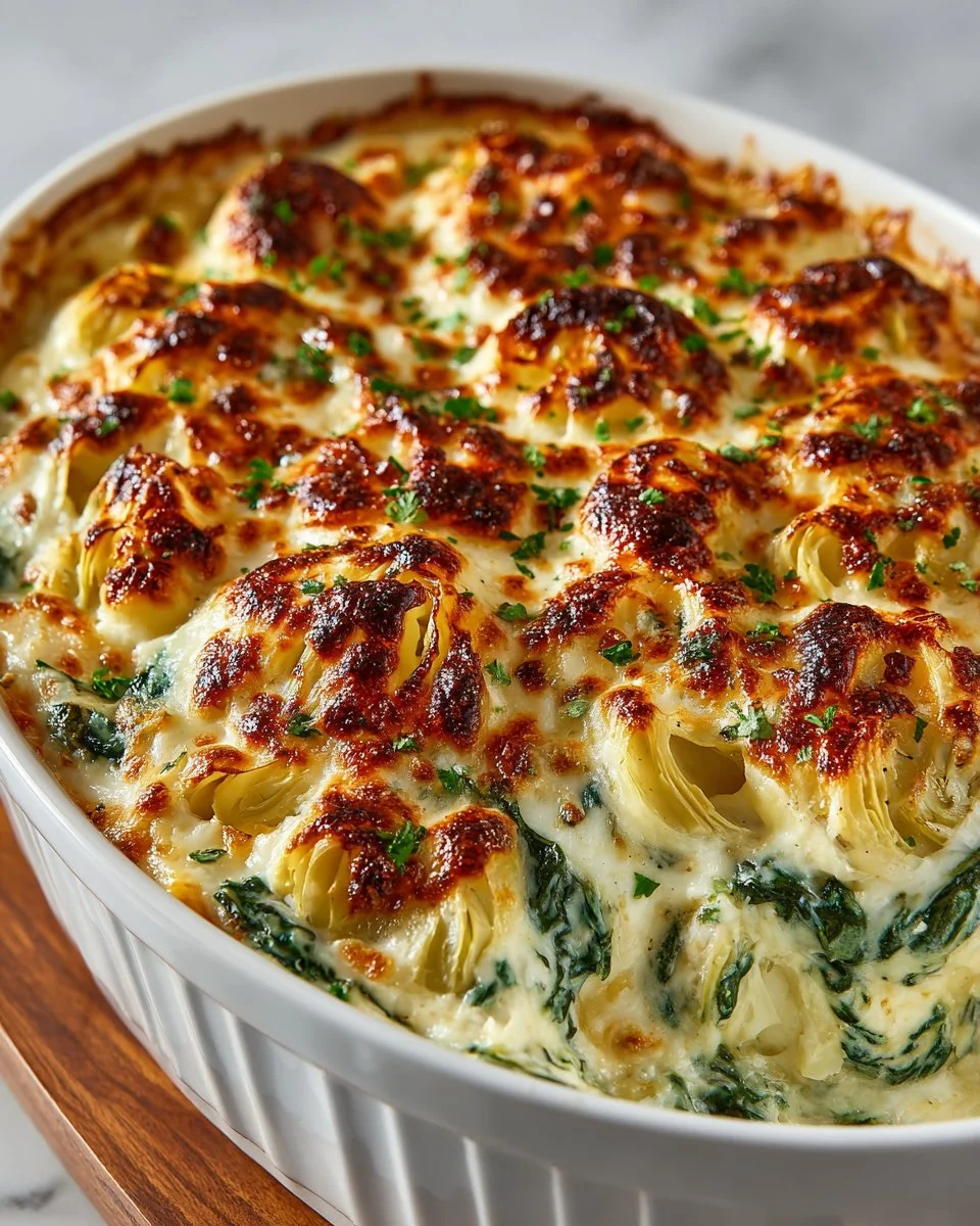 Creamy Spinach Artichoke Bake served in a dish