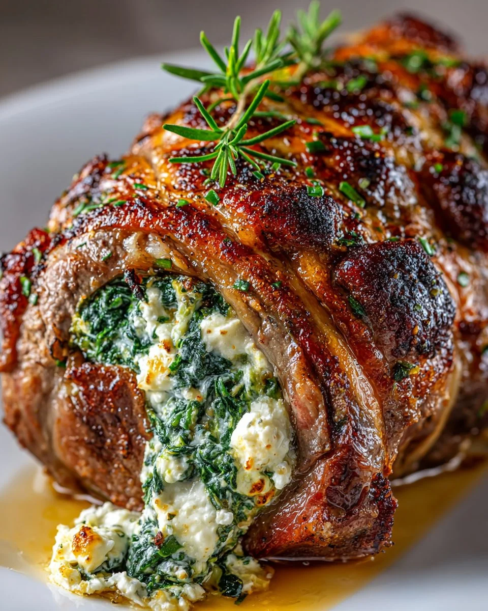 Spinach and artichoke stuffed leg of lamb ready for serving