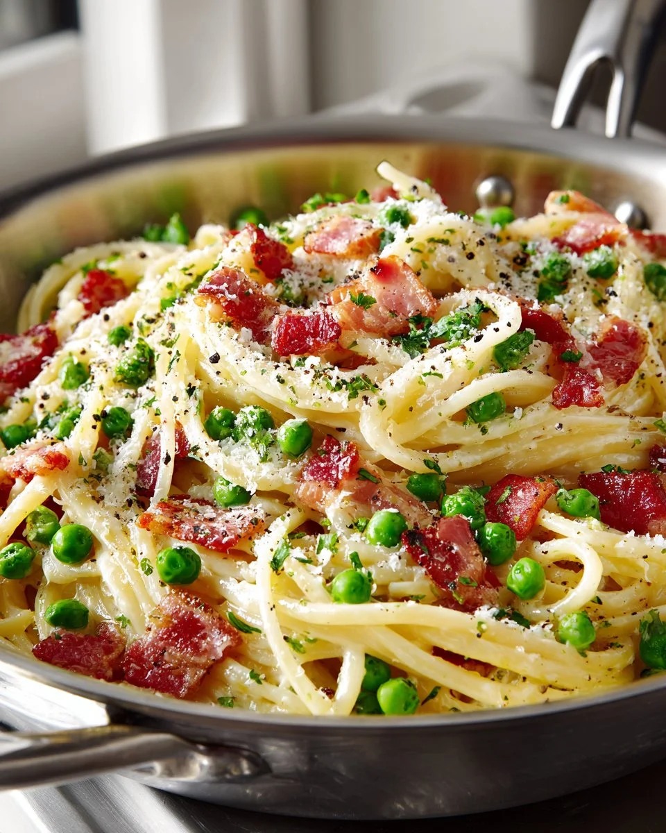 Spring Pea and Bacon Pasta dish garnished with fresh herbs
