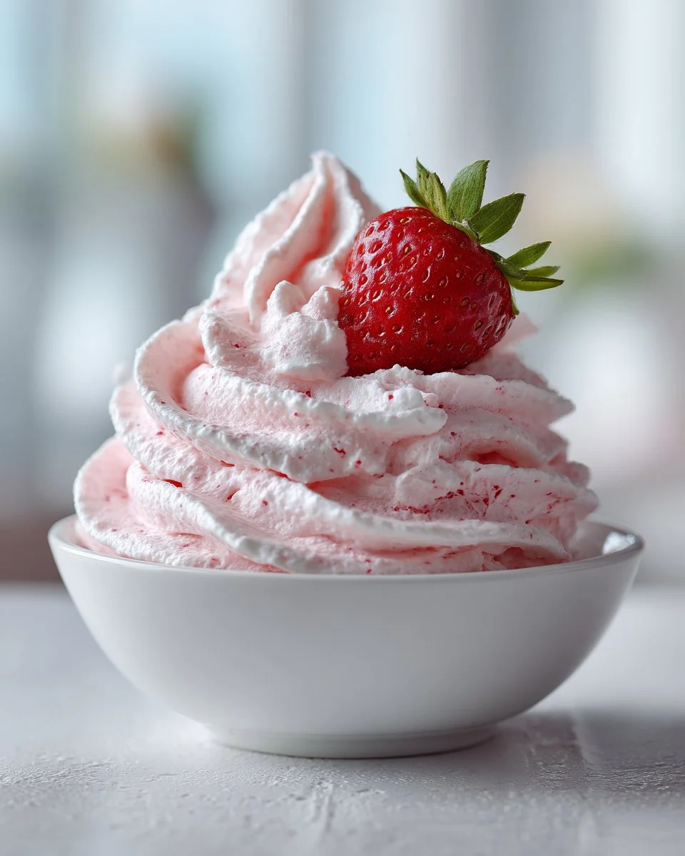 Strawberry marshmallow frosting spread on a cupcake with fresh strawberries