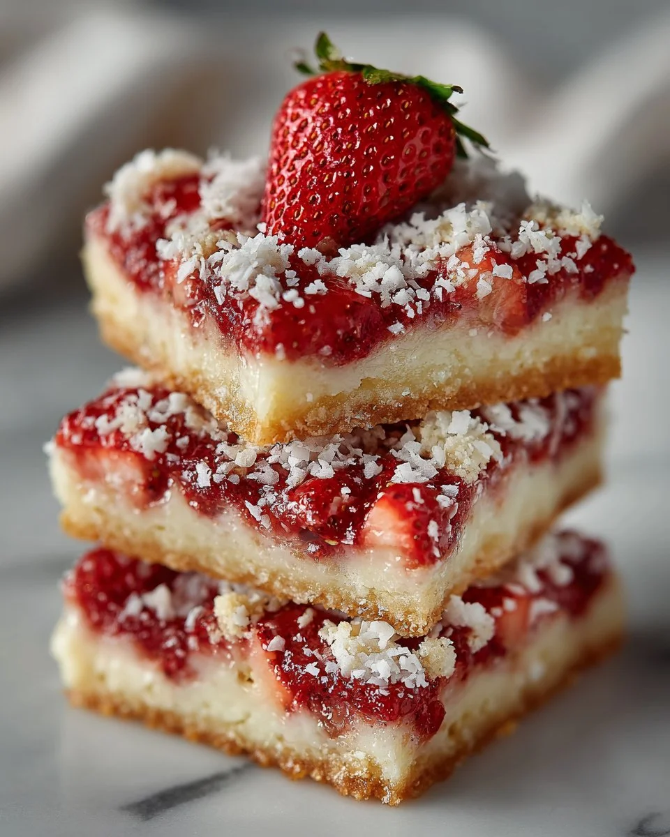 Homemade strawberry rhubarb bars with toasted coconut topping on a plate