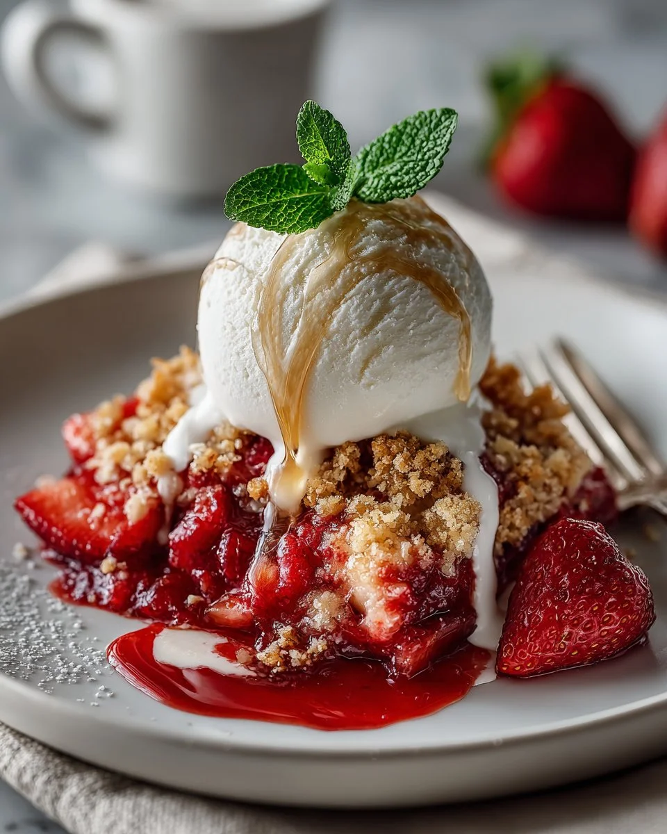 Strawberry Rhubarb Crisp with Coconut Crumble served in a golden dish