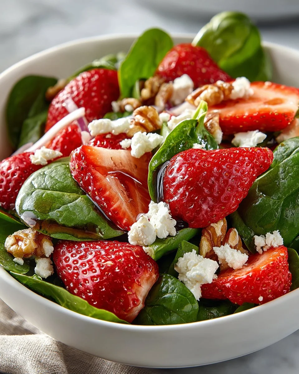 Fresh Strawberry Spinach Salad with sliced strawberries and leafy greens