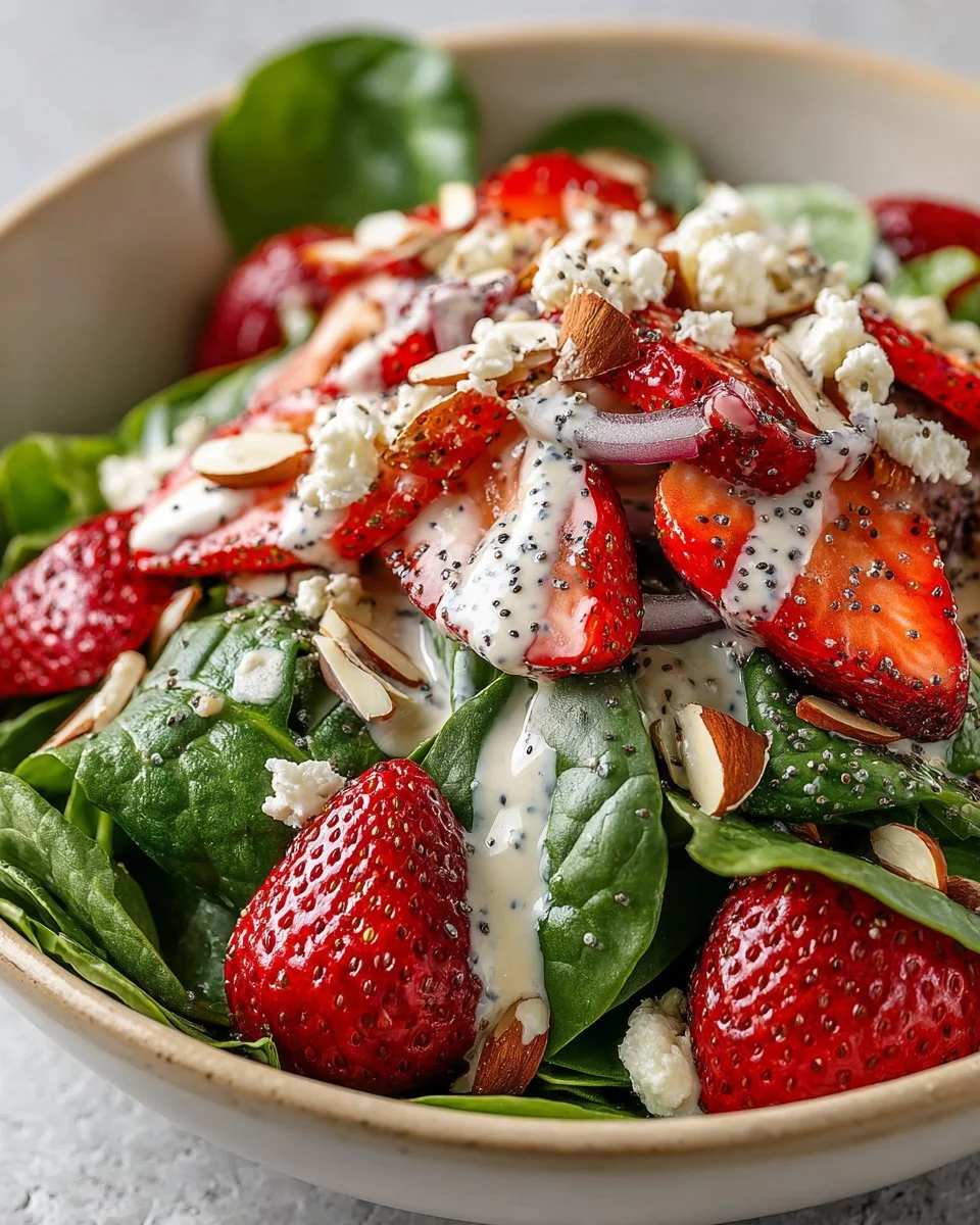 Strawberry spinach salad topped with poppy seed dressing