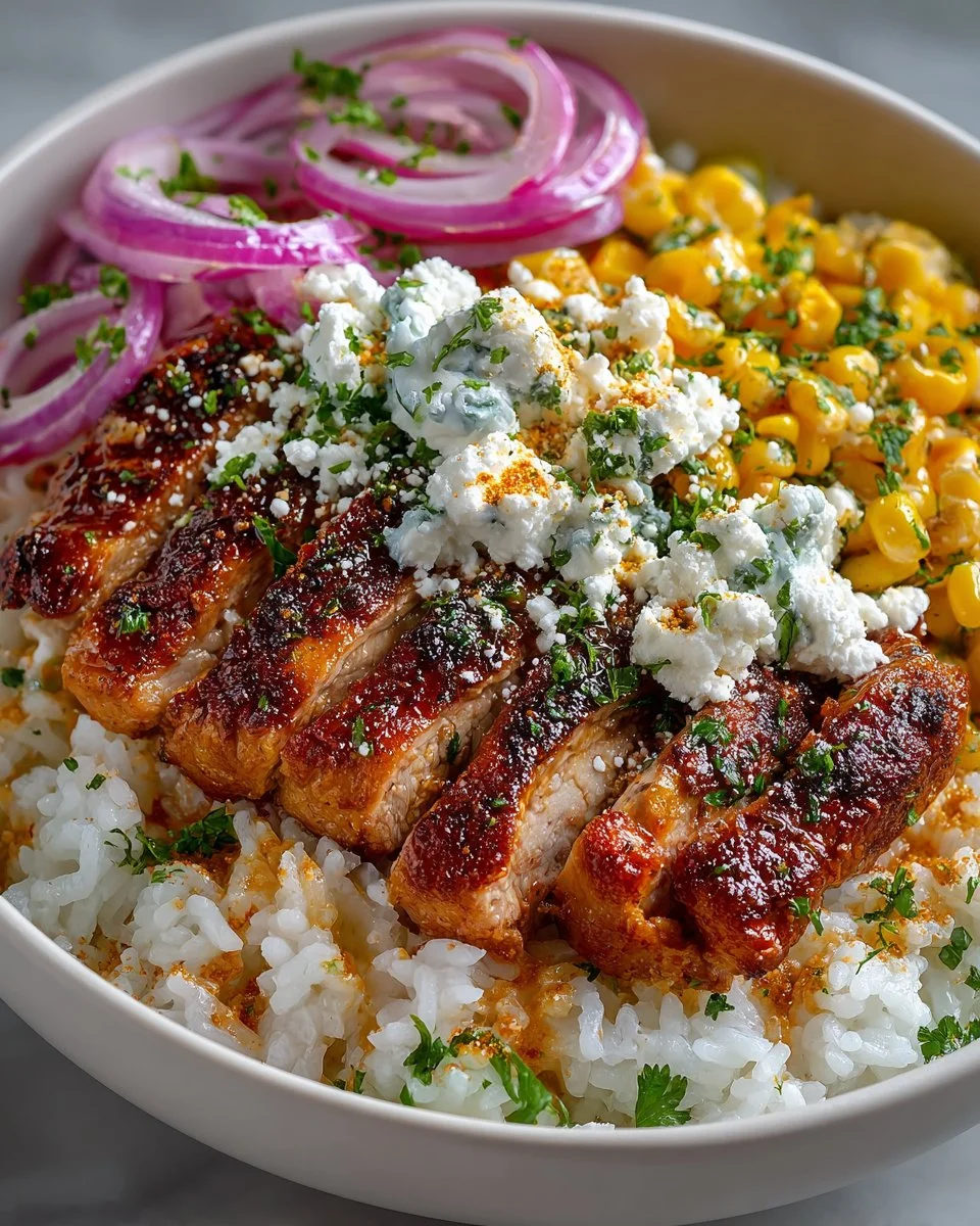 Delicious Street Corn Chicken Rice Bowl with fresh ingredients and vibrant flavors.