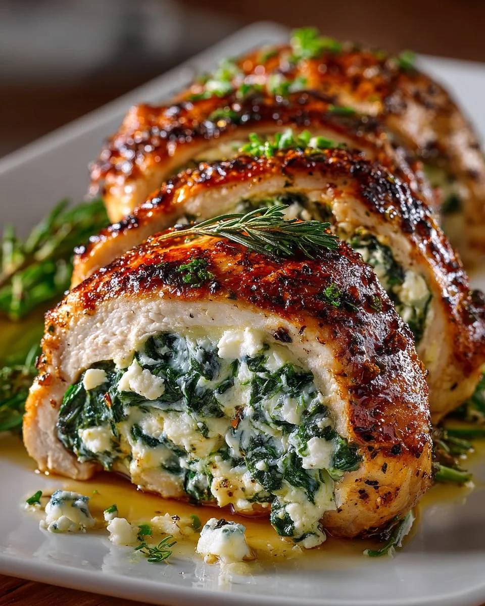 Stuffed chicken breast filled with spinach and feta cheese on a plate
