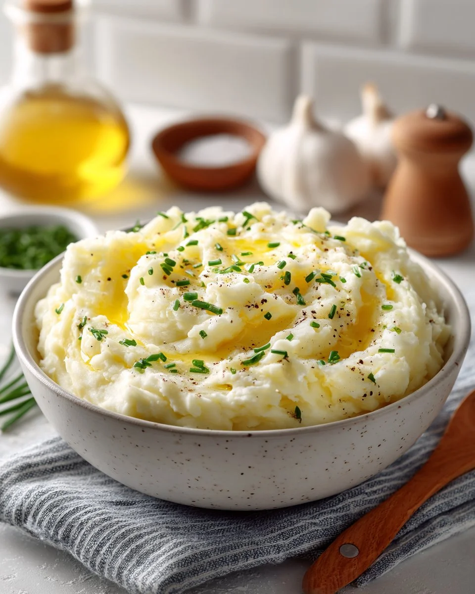 Creamy vegan garlic mashed potatoes served in a bowl