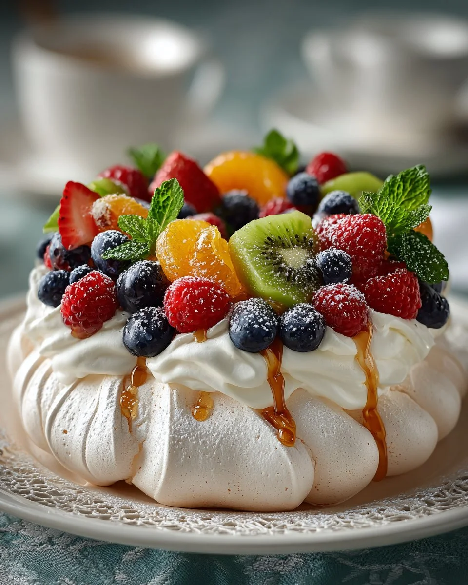 A stunning Easter Pavlova wreath topped with fresh fruits and whipped cream.
