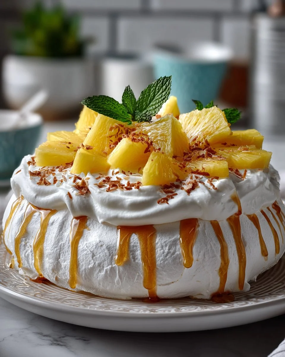 Tropical Pineapple Coconut Pavlova Cake with fresh fruits and creamy topping