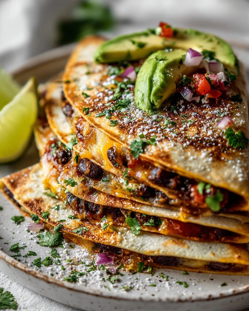 Vegetarian avocado and black bean quesadilla on a plate, garnished with fresh herbs.