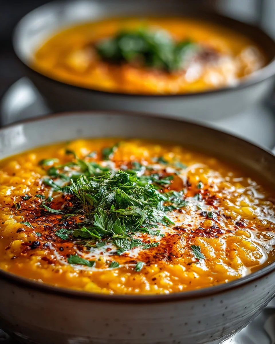 Warm vegan pumpkin rice soup in a bowl, garnished with herbs.