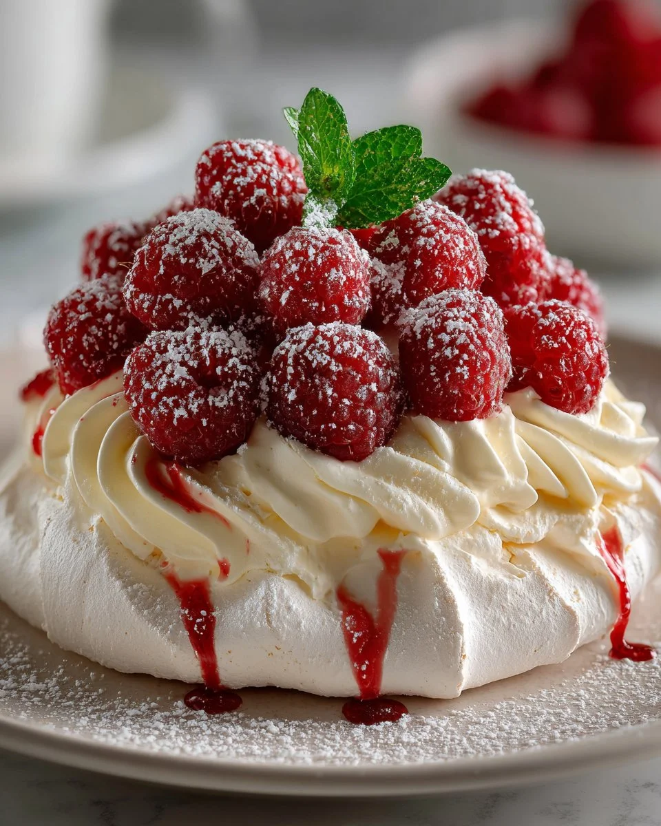 White Chocolate & Raspberry Swirl Pavlova dessert on a serving plate