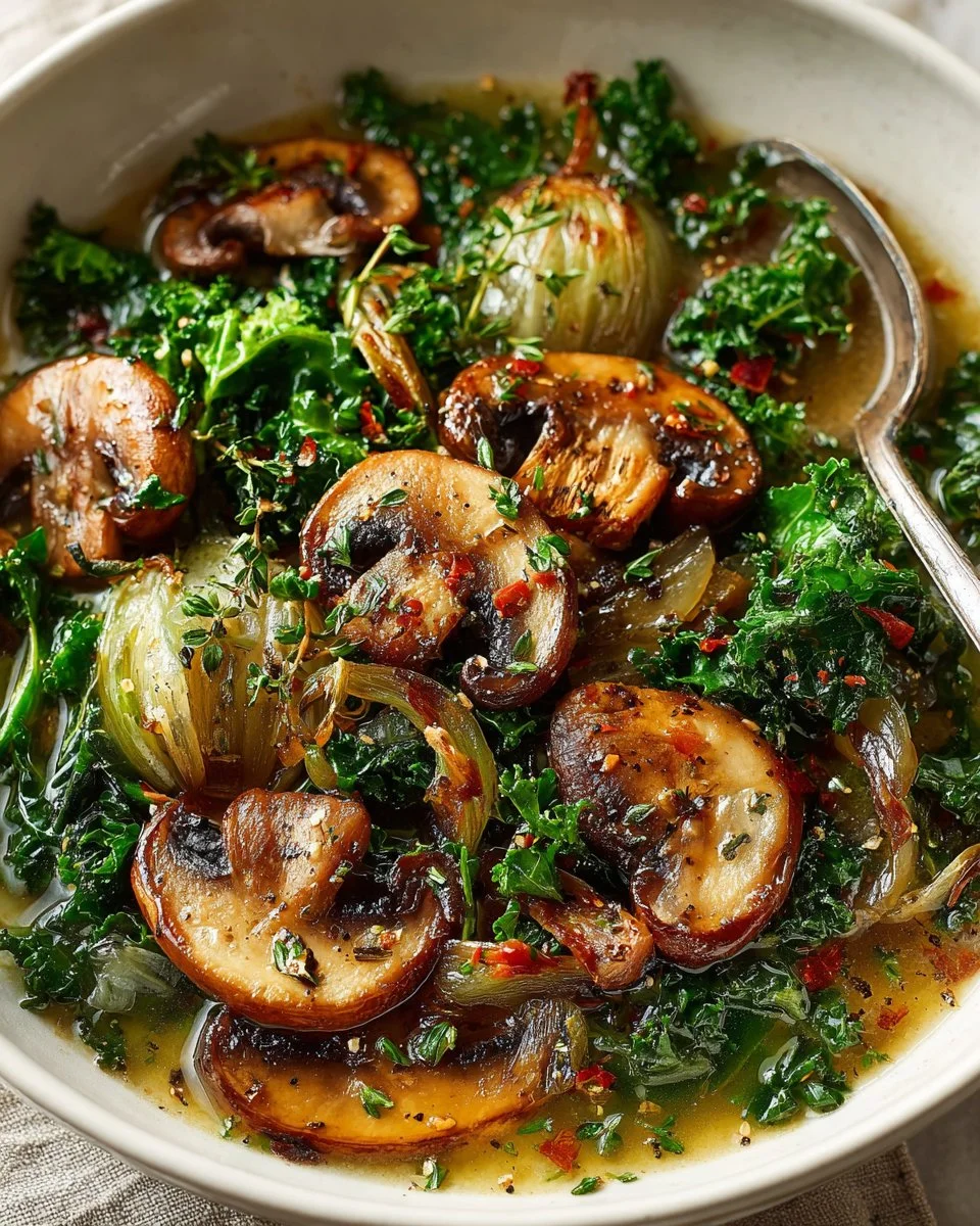 Bowl of wild mushroom soup with caramelized onions and kale