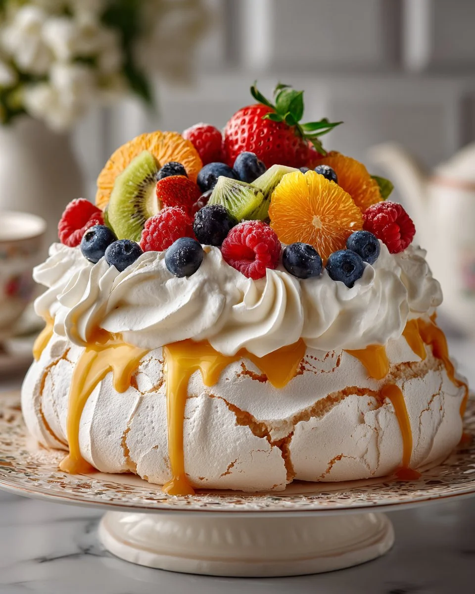 Zesty orange blossom pavlova topped with fresh fruits and whipped cream