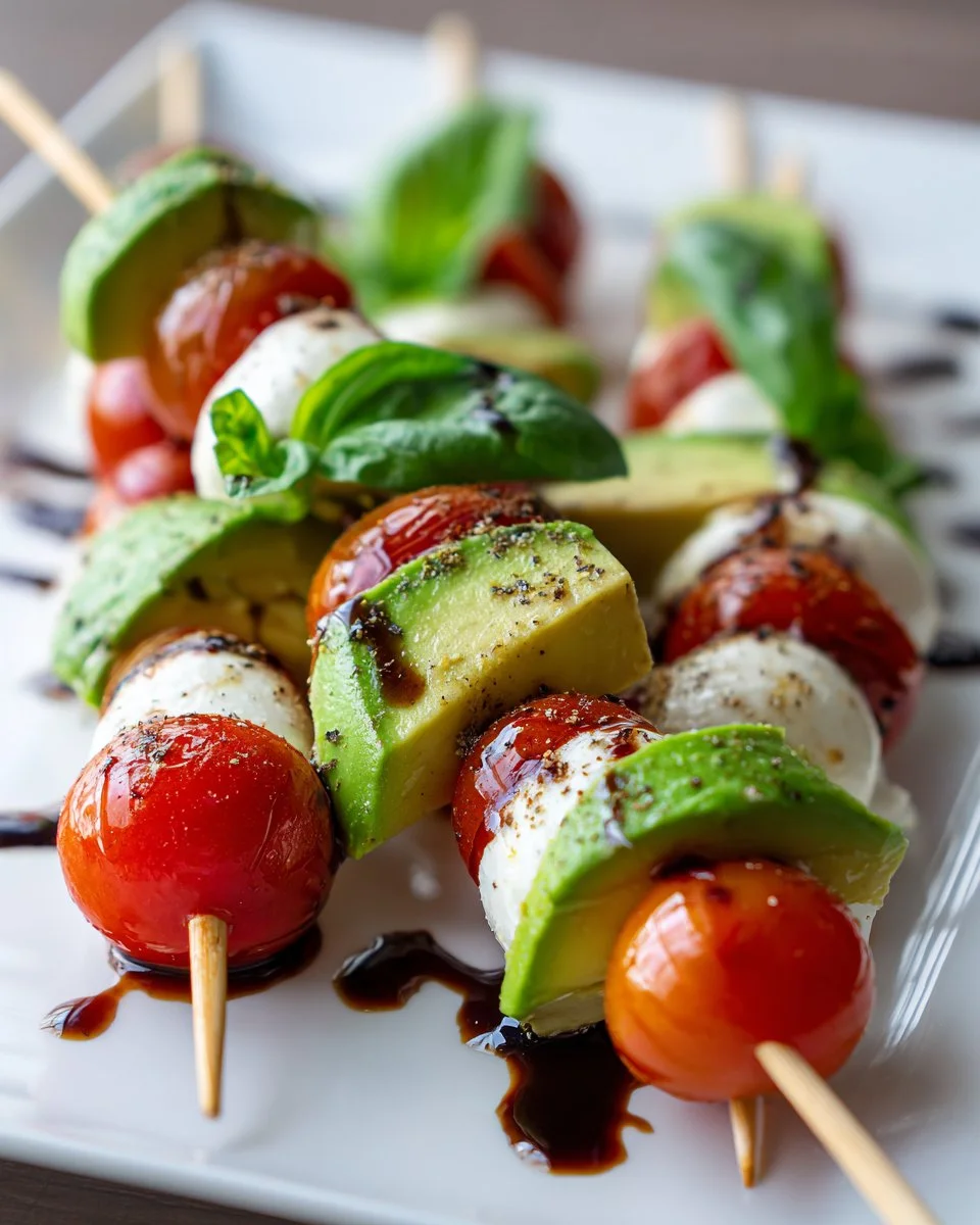 Avocado Burrata Caprese skewers with cherry tomatoes and fresh basil