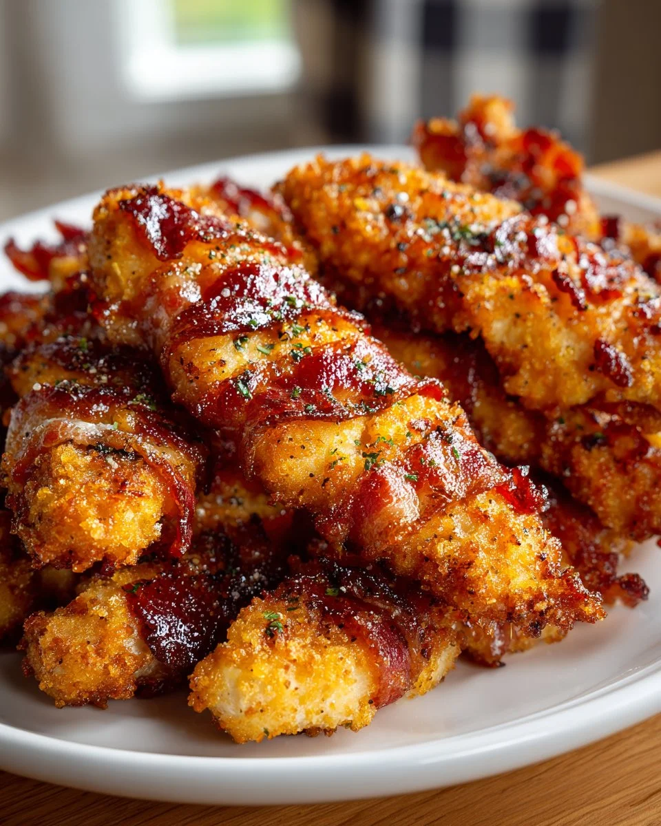 Delicious Bacon Brown Sugar Chicken tenders garnished on a plate