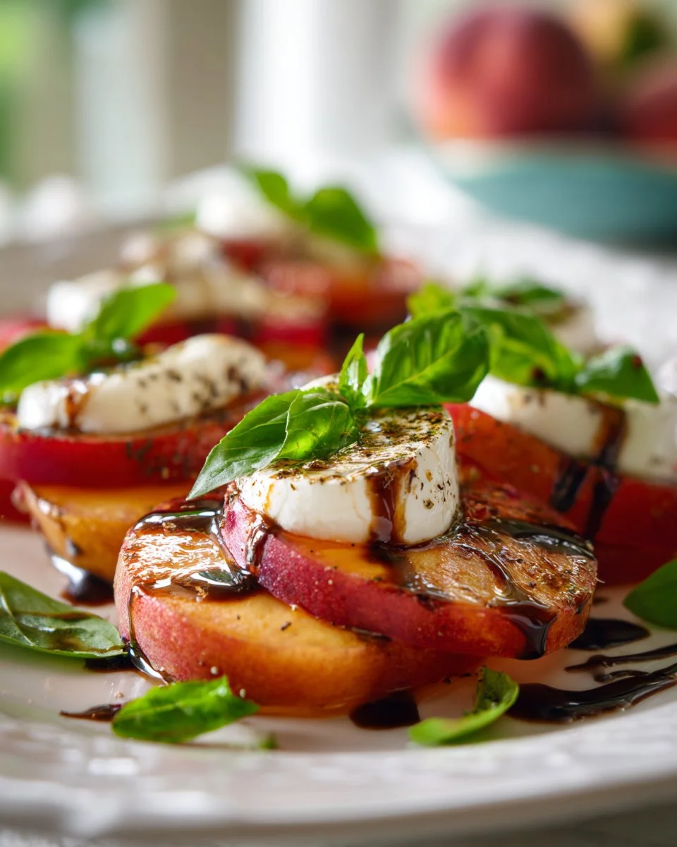 Balsamic Peach Caprese Salad with fresh peaches, mozzarella, and basil