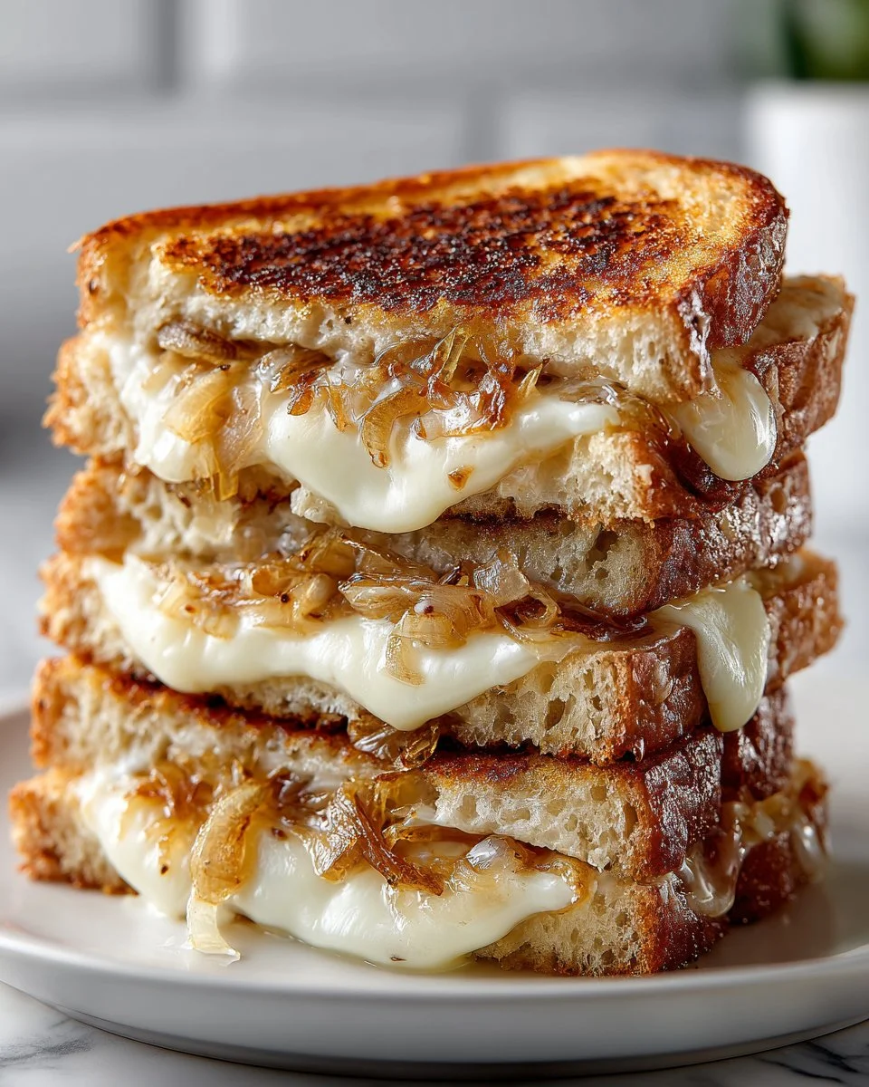 Brie and caramelized onion grilled cheese sandwich on a plate