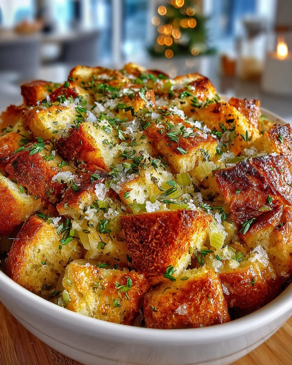 Delicious buttery herb stuffing served in a bowl, perfect for festive occasions.