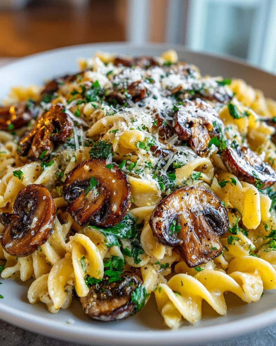 Creamy Gruyere Pasta with caramelized leeks and mushrooms in a bowl
