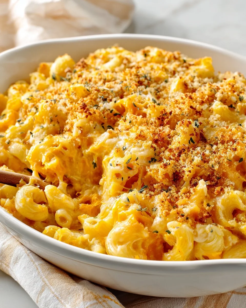 Cheesy sweet potato macaroni casserole served in a baking dish