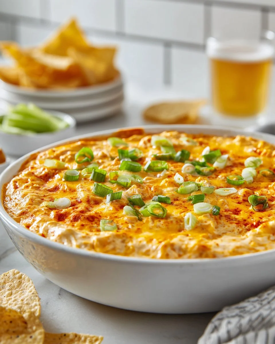 Creamy Buffalo Chicken Skillet Dip served in a skillet with tortilla chips