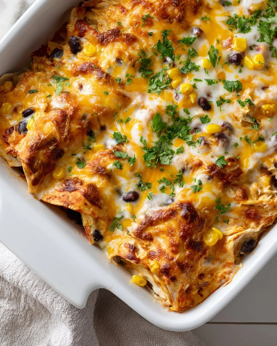 Creamy chicken enchilada casserole topped with cheese and cilantro