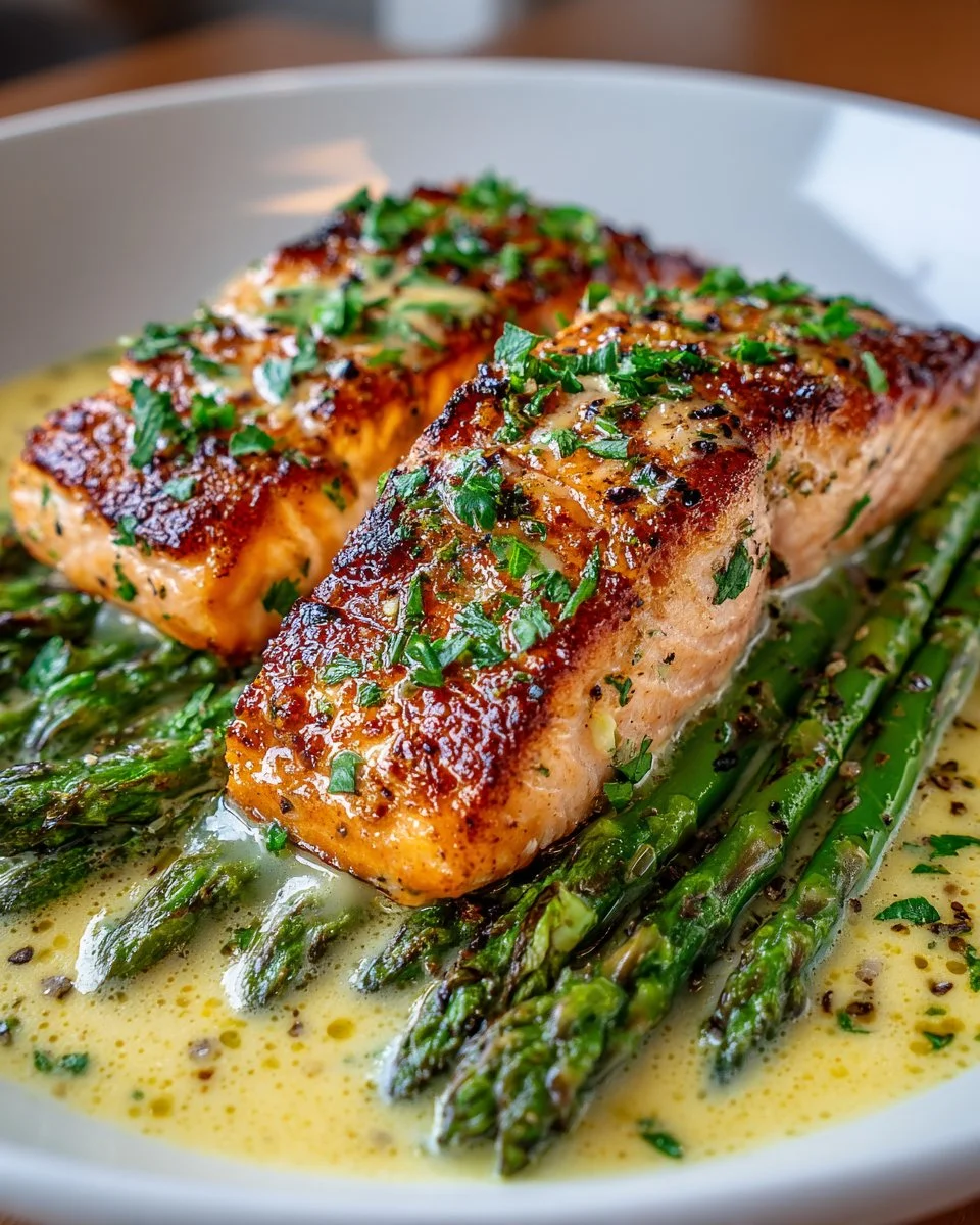 Creamy garlic asparagus salmon dish served on a plate with fresh herbs