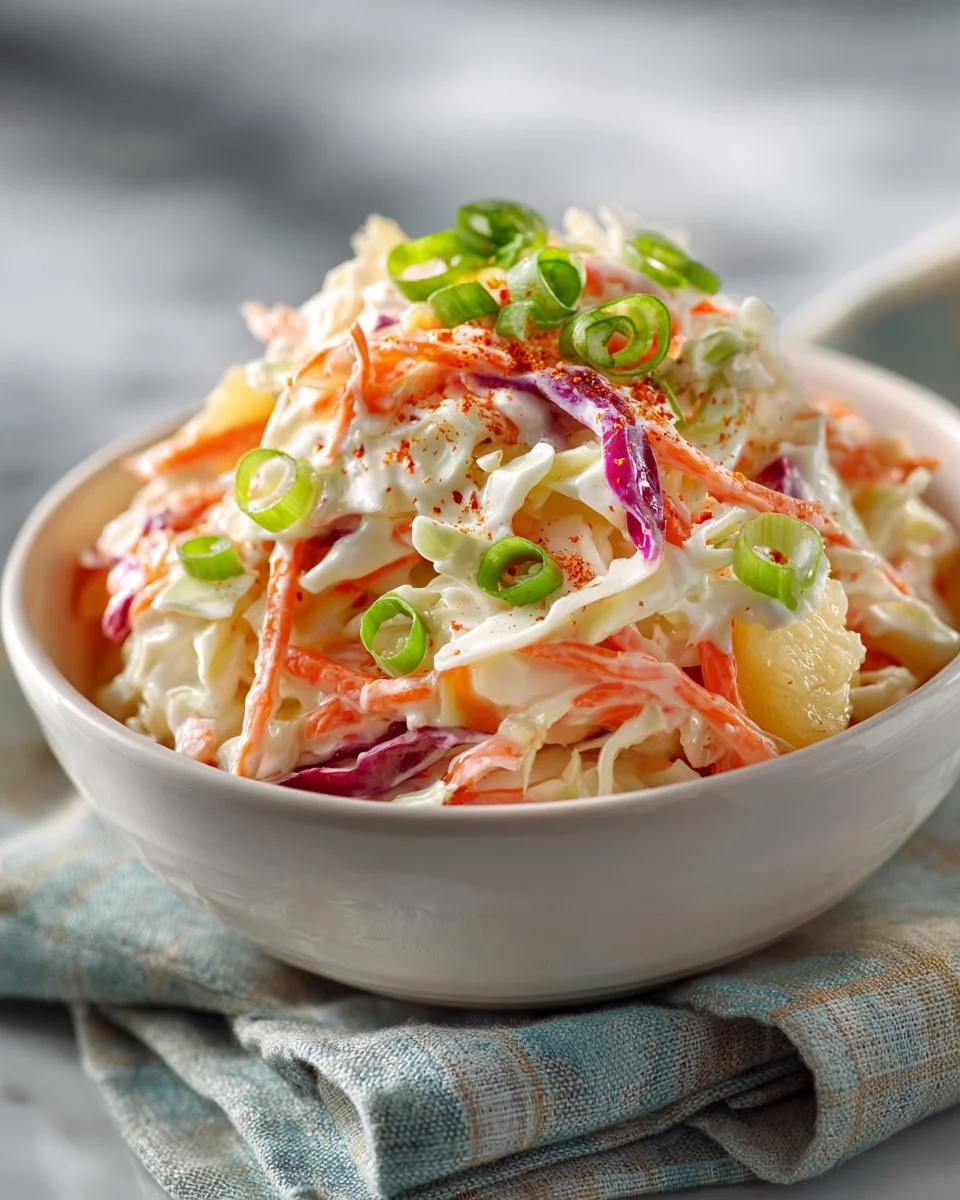 Creamy Hawaiian pineapple coleslaw served in a bowl with fresh ingredients.