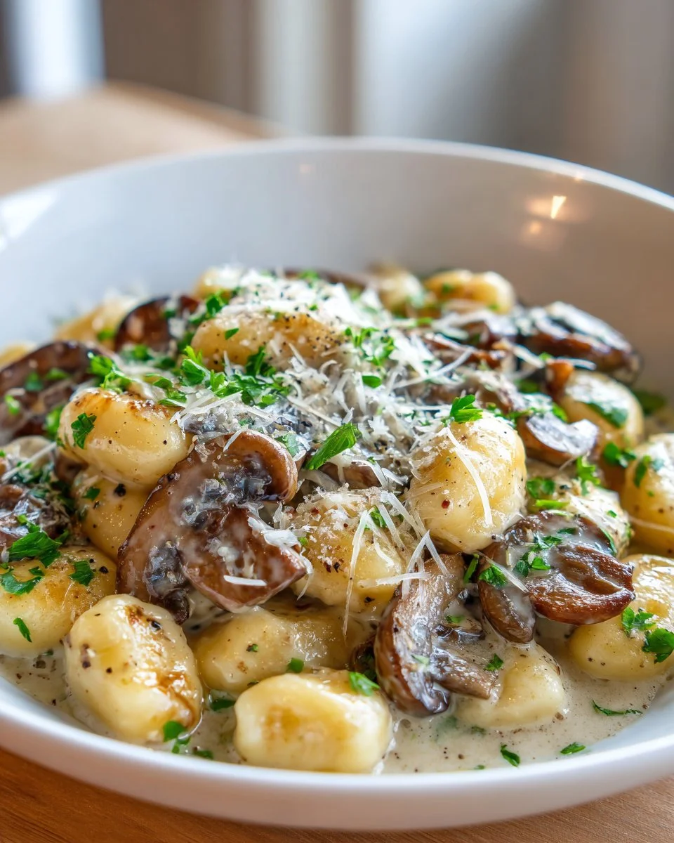 Creamy mushroom truffle gnocchi dish with rich sauce and fresh herbs
