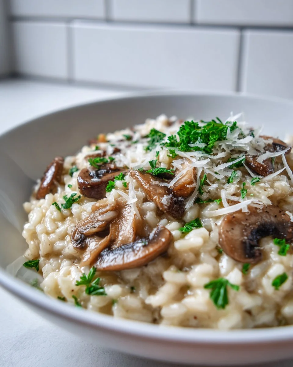 Creamy mushroom truffle risotto garnished with herbs and Parmesan cheese