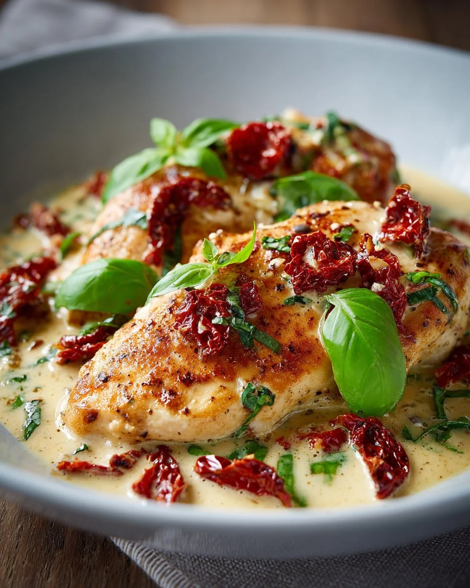 Creamy pesto sundried tomato chicken served on a white plate